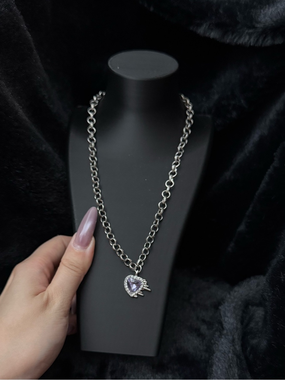 Purple Heart Rhinestone Pendant Alloy Chain Necklace New Gothic Street Jewelry